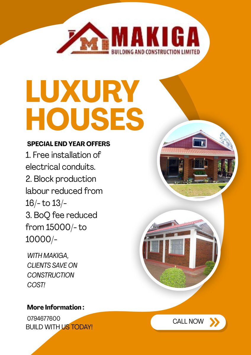 🏗️ Build Smart with Makiga! 🧱
Save big on construction with our ISSB Machines — strong, eco-friendly &amp; affordable!

🔥 Offers:
✅ FREE electrical conduits for 3B projects
✅ Blocks at only Ksh 13
✅ BoQ fee reduced from 15,000/- to 10,000/-

📞 Call/WhatsApp 0794 677 600
