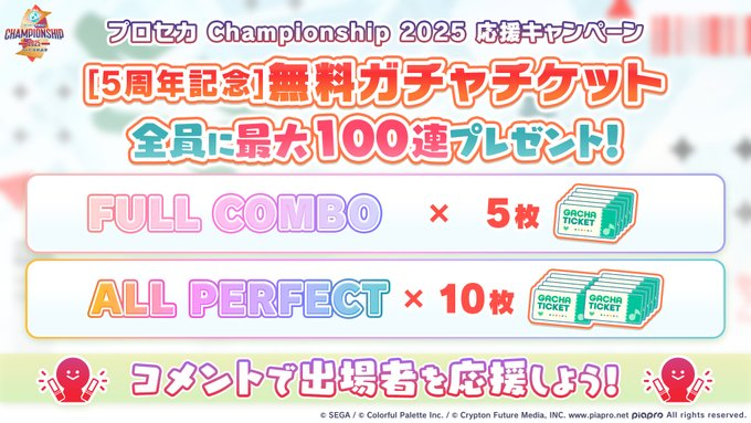 info_prsk's tweet image. 🎮프로젝트 세카이
Championship 2025
응원 캠페인📣

FULL COMBO 10회, ALL PERFECT 4회 달성으로
「[5주년 기념] 무료 뽑기 티켓×90」 전원에게 지급🎁

#프로세카 #프로세카CS #プロセカ #プロセカCS