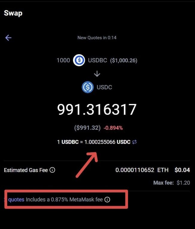 RubelW3's tweet photo. ⚠️ Don't Use @MetaMask Swap For Point

Reason 👇
Swapped $1000 USDbC → $USDC on @MetaMask
Got only 991.30 $USDC 🤯

Then i tested the same swap ($1000 USDbC → $USDC on Base) across 4 platforms - same day, same pair 👇

1️⃣ @MetaMask → 991.31 $USDC (0.875% fee 🤯)
2️⃣ @HeyElsaAI → 999 $USDC (0.1%)
3️⃣ @Uniswap → 999.99 $USDC (~0%)
4️⃣ @jumperapp → 1000.0 $USDC (0%)

So MetaMask charges an extra 0.875% fee (see screenshot) -
That’s 8.75x higher than any other DEX.

I respect the @MetaMask team, but transparency matters.
If this continues, users might simply move where swaps are fair.

You might say "points farming" - but paying nearly 1% per swap? 🤨

Love MetaMask for what it built, but this part really needs fixing.

@MetaMask @mikashi - the community deserves clarity.