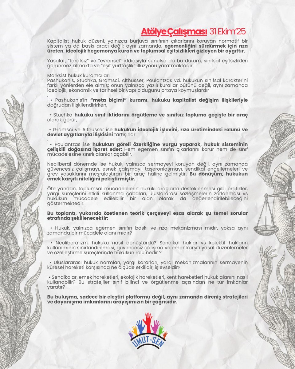 Bugün Umut-Sen Hukuk Konferansı Atölye Çalışması’nda bir araya geliyoruz! 

📅 31 Ekim 
🕣17:00 - 20:00
📍İstanbul Barosu Ana Bina Teras