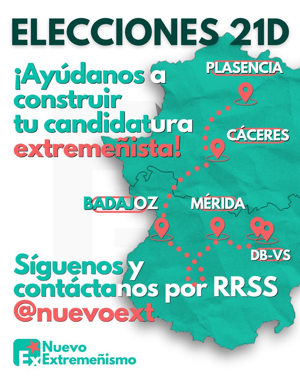 Afrontamos esta cita electoral con mucha ilusión y ganas.

Necesitamos la ayuda de todas y todos.

No te quedes parada ni callada.

Es nuestro momento.

Un Nuevo Extremeñismo para una Nueva Extremadura!
