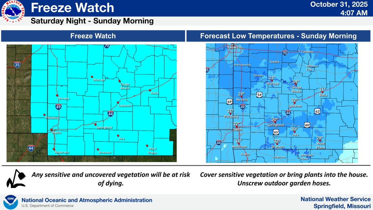 Temperatures are expected to drop into the upper 20s to low 30s Saturday night into Sunday morning across most of the area.  A freeze watch is in effect.  Any sensitive and uncovered vegetation will be at risk of dying.  #mowx #kswx