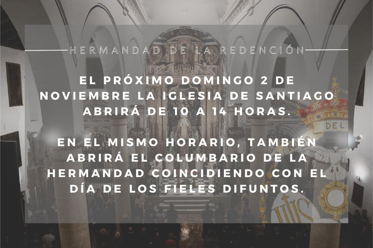 #IGLESIA | Este próximo domingo 2 de noviembre, día en que la Iglesia conmemora a los fieles difuntos, la Iglesia de Santiago abrirá en horario de 10 a 14 horas, coincidiendo también con el horario de apertura del columbario de la Hermandad.

#CristoentreNosotros
#RocíodelCielo