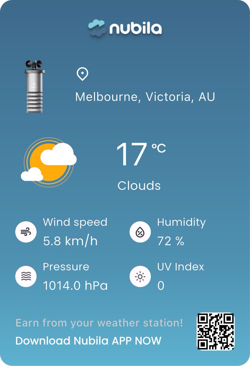 I'm sharing today's real-time weather from Melbourne, Victoria, AU on the <a href="/nubilanetwork/">Nubila Network</a>. 🌡️17°C, 💧72%, 💨5.8km/h, 📊1014.0hPa, ☀️UV:0. Join me and earn rewards for spreading real-world weather! 🌤️ #MarcoWeather #Nubila #WeatherToEarn