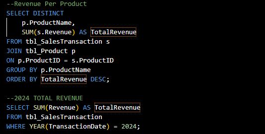 KenObech's tweet image. 7/12: SQL Analysis
Insights written in SQL.
Used:

- Aggregate &amp;amp; window functions

- Common Table Expressions (CTEs)

- Stored Procedures

- User-Defined Functions

Analyzed KPIs like total revenue, transactions, and NPS score.
#sqlanalytics