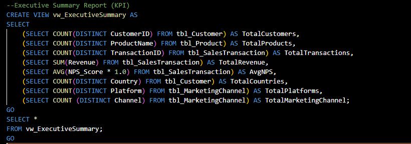 KenObech's tweet image. 7/12: SQL Analysis
Insights written in SQL.
Used:

- Aggregate &amp;amp; window functions

- Common Table Expressions (CTEs)

- Stored Procedures

- User-Defined Functions

Analyzed KPIs like total revenue, transactions, and NPS score.
#sqlanalytics