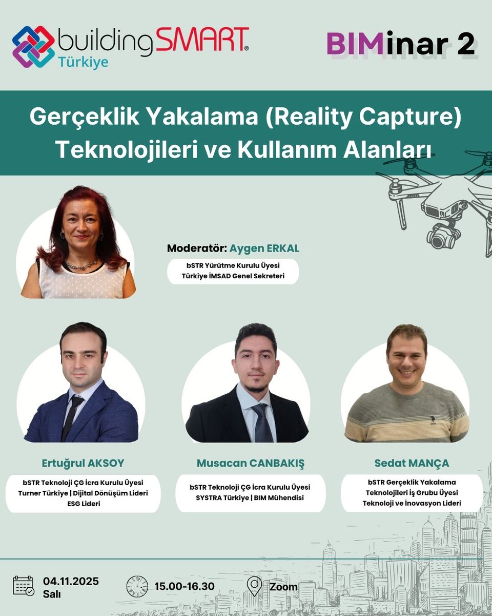 buildingSMART Türkiye tarafından düzenlenen web semineri serisinin ikincisi, “BIMinar 2: Gerçeklik Yakalama (Reality Capture) Teknolojileri ve Kullanım Alanları” 4 Kasım 2025 Salı günü saat 15.00’te online olarak gerçekleşecek.
Kayıt için tıklayınız.
lnkd.in/dGHx7Y5c