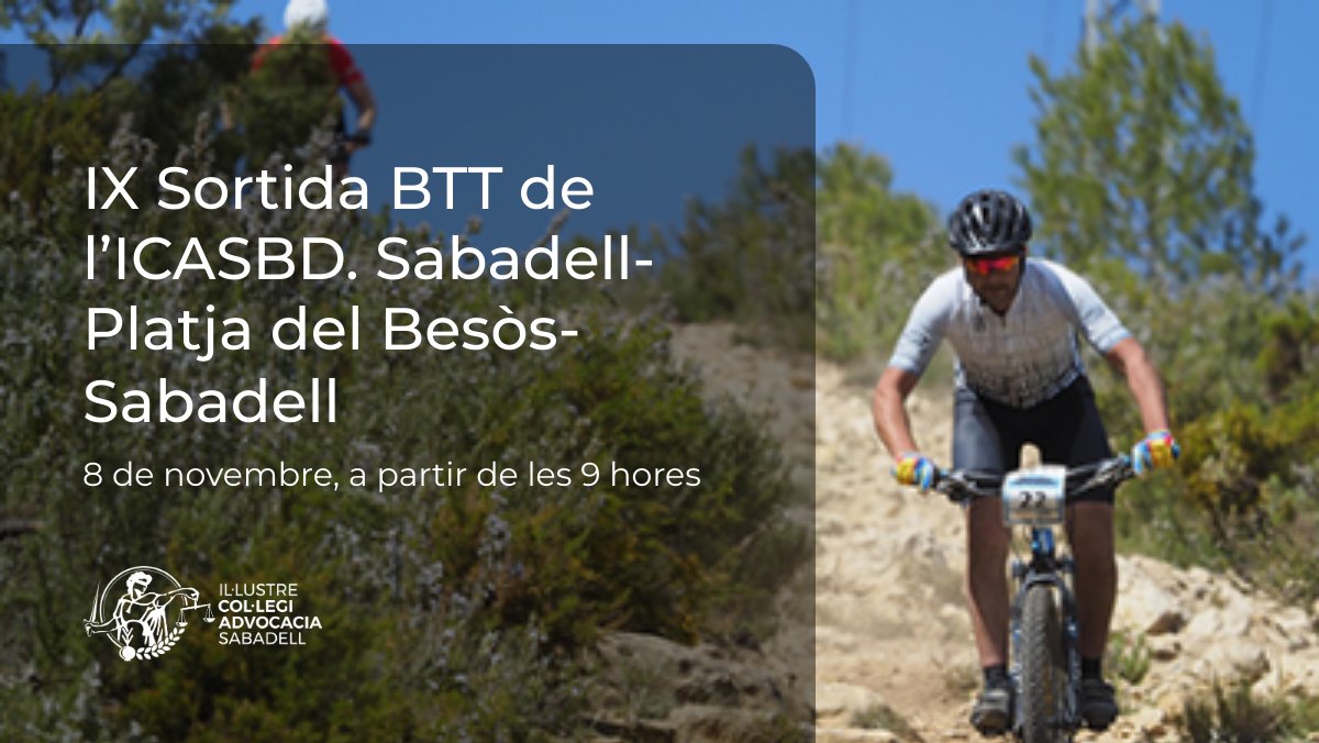 🚴‍♀️IX Sortida BTT de l’<a href="/icasbd/">Advocacia Sabadell</a>. 
📍Sabadell-Platja del Besòs-Sabadell
📅Nova data: 8 de novembre, 9 hores.
🗒️Inscripcions: forms.gle/AU4u7oW9fCPppu…

ℹ️icasbd.org/ca/noticies/ac…