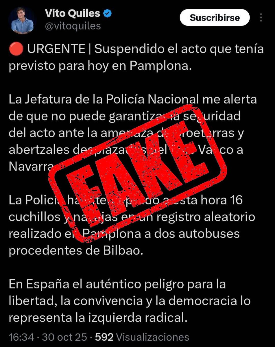 Vito Quilesen buloak gezurtatu ditu Espainiako Gobernuaren Delegazioak

Probokatzaile faxistak esan zuen hamasei labana aurkitu zizkietela Bilbotik mugitutako hainbat pertsonari, baina gobernuak jakinarazi du gezurra dela hori

🔗 gedar.eus/aktualitatea/v…