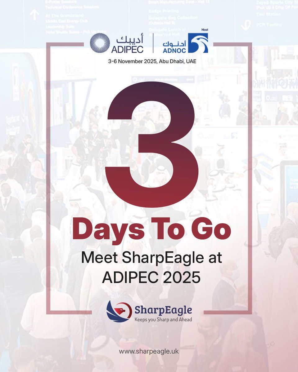 sharpeagletv's tweet image. 𝐎𝐧𝐥𝐲 3 𝐝𝐚𝐲𝐬 𝐥𝐞𝐟𝐭 𝐮𝐧𝐭𝐢𝐥 𝐀𝐃𝐈𝐏𝐄𝐂 2025! 

Get ready to meet the SharpEagle team at ADIPEC and unlock the future of explosion-proof technology. The countdown begins now!

#ADIPEC2025 #SharpEagle #SafetyCountdown #IndustrialInnovation