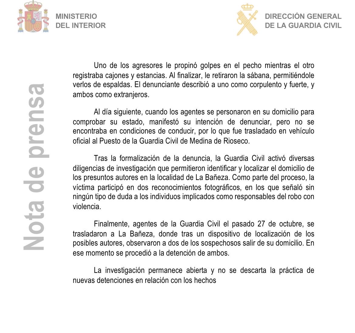 ✅ La Guardia Civil detiene a dos presuntos autores de un violento robo con violencia en Villabrágima

👉 La víctima fue maniatada y agredida en su domicilio por dos individuos con máscaras de disfraz.
📞0️⃣6️⃣2️⃣🆘
