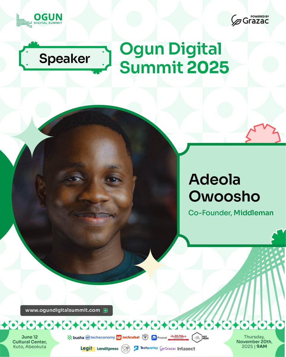 Introducing Adeola Owoosho, Co-Founder of Middleman, one of our distinguished speakers for Ogun Digital Summit 2025!

Adeola @adeola_owosho is passionate about bridging the gap between businesses and consumers through innovative digital solutions. As a co-founder of Middleman, he