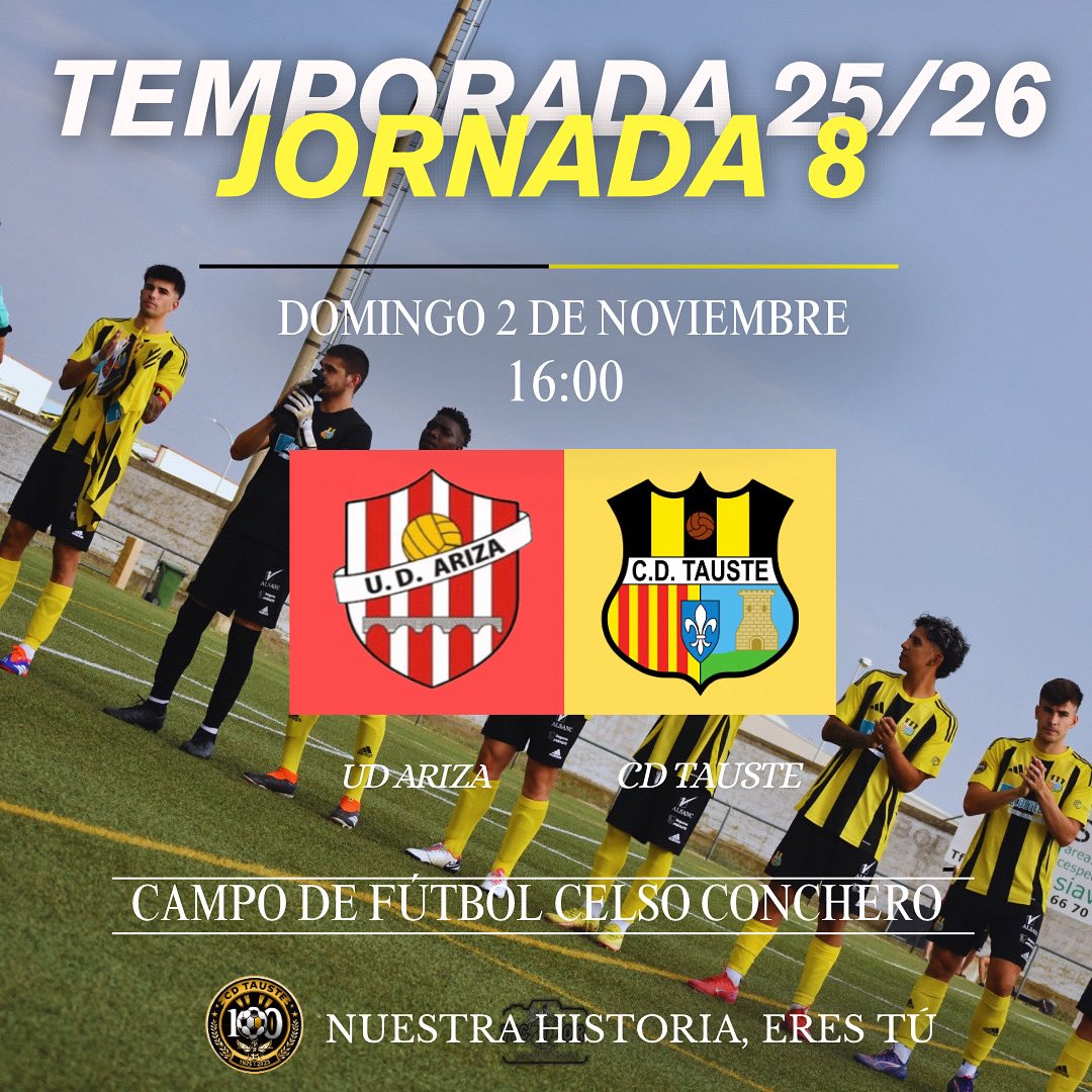 JORNADA 8⚽️

Este domingo nos desplazamos hasta Ariza con el objetivo de conseguir 3 puntos que nos permitan seguir en lo alto de la clasificación. Partido duro, en un campo complicado y con una afición que aprieta, pero los nuestros se dejarán todo.

Aupa el Tauste!🐝