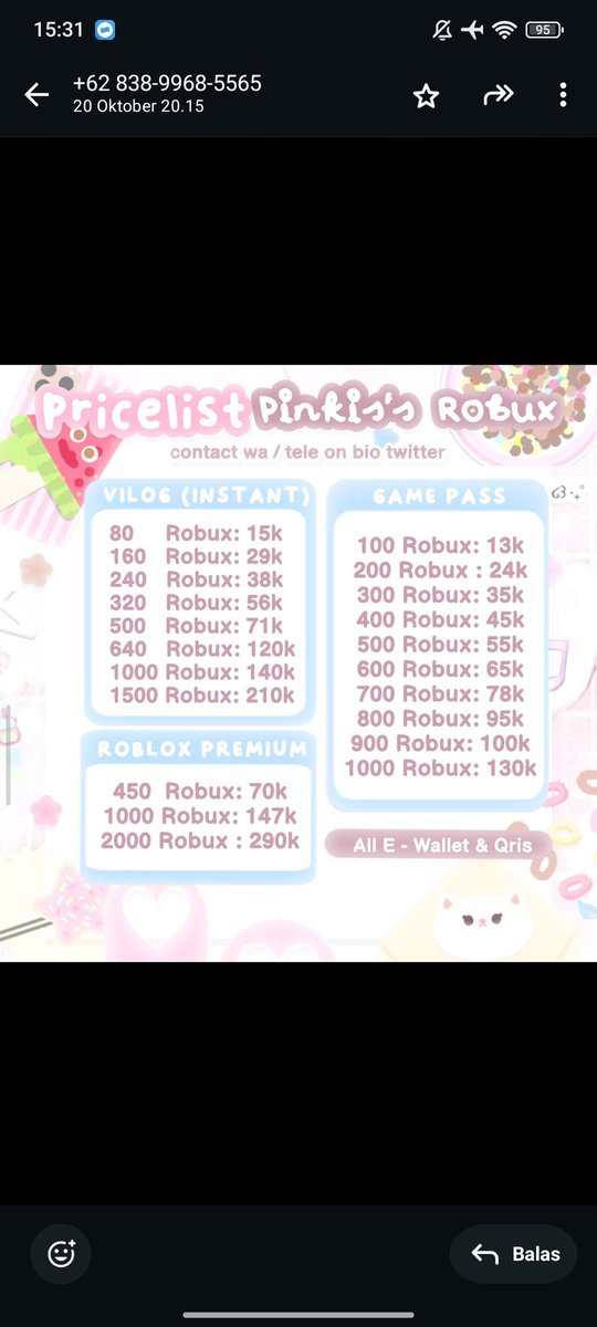 Mtchachizz's tweet photo. PENIPU, SCAM

Yg mau beli robux, hati-hati guys sm BA no ini 083899685565 (Pinkiss Ribbon Store), aku beli robux via gamepass dari tgl 20, udah 11 hari ga masuk dan gaada kabar. Dichat malah ceklis 1🤓

#zonauang #zonauang️ #zonajajan #zonaba https://t.co/FD1eENogQY