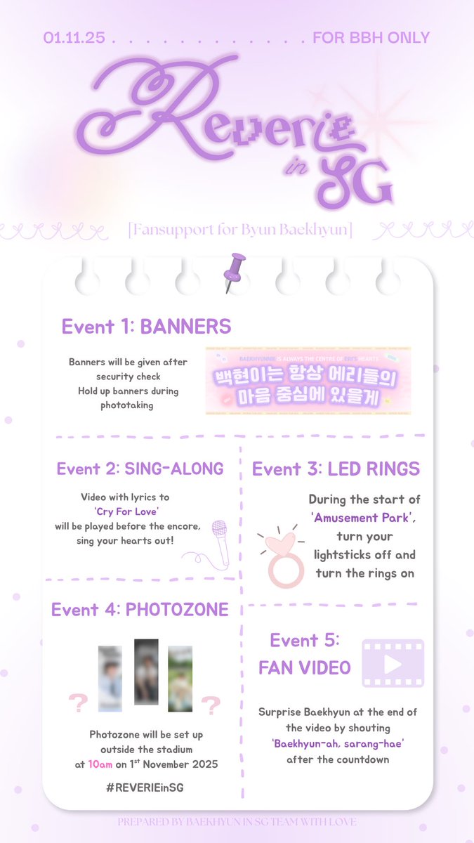 reveriesg2025's tweet photo. hello everyone! 

here is an overview of everything we have going on tmr! 

‼️please help us spread the word for the LED rings to fans who don’t know when to use it! 

see u! 

prepared with love, 
Baekhyun in SG Team 💗
#REVERIEinSG #REVERIESingapore #REVERIEinSingapore https://t.co/LG9XmNWcQI