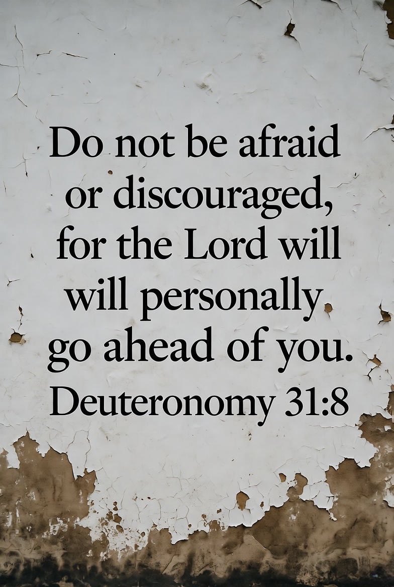 Do not be afraid or discouraged, for the Lord will personally go ahead of you. He will be with you; he will neither fail you nor abandon you. Deuteronomy 31:8