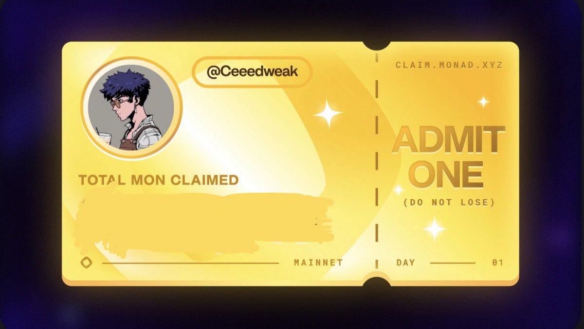 Ceeedweak's tweet image. got my golden ticket for day 1 of @monad mainnet. super thankful for the monad team and community for my allocation! see you all on mainnet lezgoo!