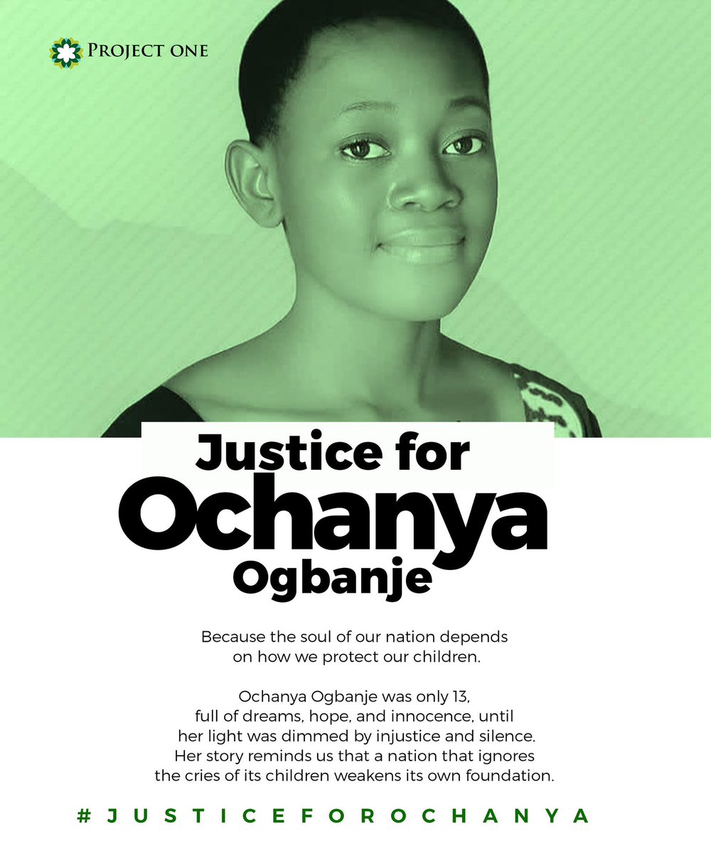 iamonenigerian's tweet image. Justice for one is justice for all.
Ochanya’s story reminds us that patriotism begins with protecting the innocent and standing against injustice.
Let’s rise together for a Nigeria where every child is safe, valued, and heard. 

#JusticeForOchanya #ProjectOne
#IAmANigerian