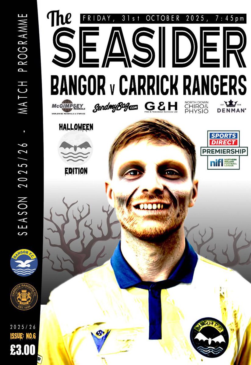 🎃 A Halloween edition of The Seasider is on sale tonight inside Clandeboye Park for £3. 

🎟️ Match tickets ⬇️

bangorfc.com/tickets.php

🟡🔵