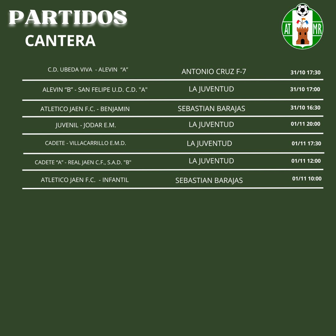 ℂ𝔸ℕ𝕋𝔼ℝ𝔸 𝕍𝔼ℝ𝔻𝔼

PARTIDOS DE NUESTRA CANTERA PARA ESTE FIN DE SEMANA💚⚽️

#CanteraVerde 👫

#somosmanchareal💚💜