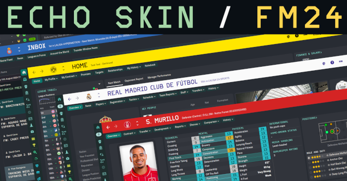 fmscout's tweet image. Echo skin for #FM24 🎨

This clean dark skin has a certain feel-good retro vibe.
☑️ Use with DF11 faces
☑️ Sidebar icons only
☑️ Built on/for 1080p

Download &amp;amp; Details 👇
fmscout.com/a-echo-fm24-sk…