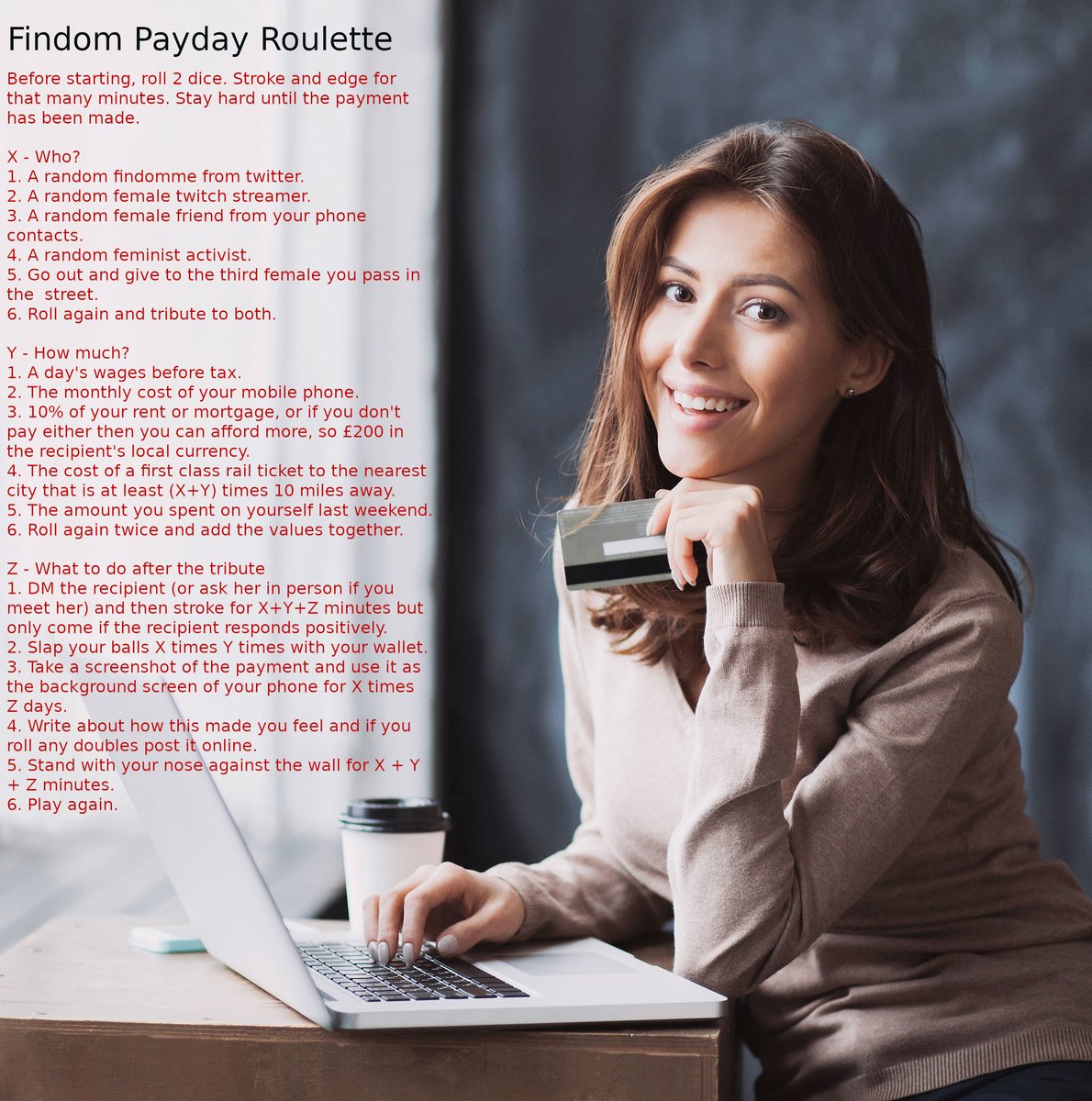 MarcLittleOne's tweet photo. Payday? Play findon payday roulette then beta! #findom #beta #losr #paypig https://t.co/goj1zt58NF
