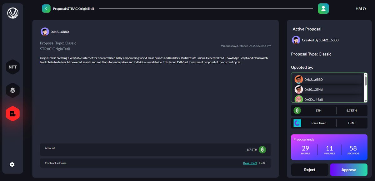 MessierM87's tweet image. M E S S I E R | VirgoDAO
🔊 Attention Halo Stakers!
You now have the opportunity to vote on a Classic DAO Investment of 8.7 $ETH ($33,324.13) in our Partner $TRAC.
#OriginTrail is a well-known P2P Partner of Messier and a #Web3 project powering the Decentralized Knowledge…