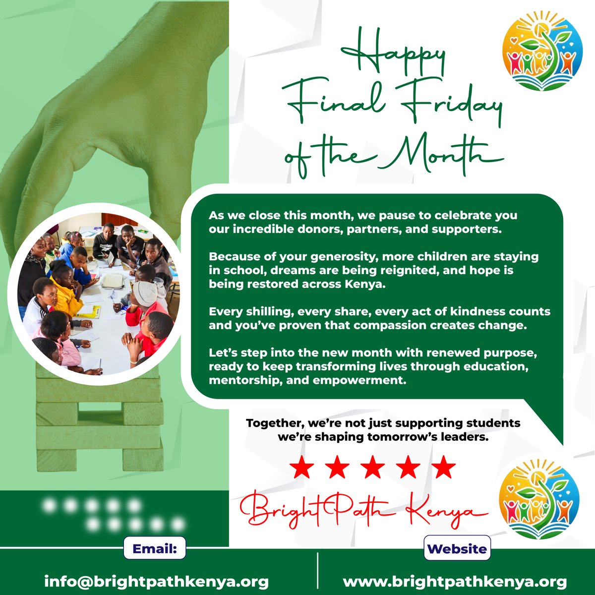 💚 Happy Final Friday of the Month! 💚

As we wrap up another impactful month, we’re celebrating YOU — our amazing donors, partners, and supporters who make the BrightPath Kenya mission possible. 🌍✨

Because of your unwavering support, more children are staying in school.