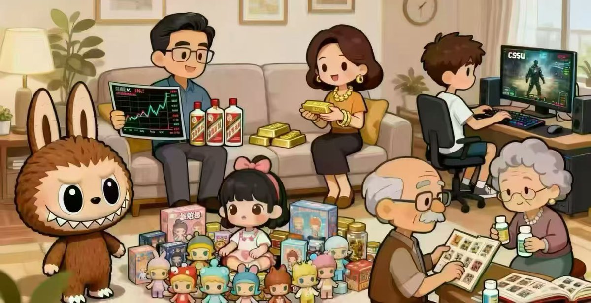 买 A 股和茅台的爸爸
买黄金的妈妈
集邮的爷爷
买保健品的奶奶
抽 LABUBU 的女儿
打 CSGO 的儿子
一家人就要整整齐齐，环 Web3 发财圈儿需要你我他