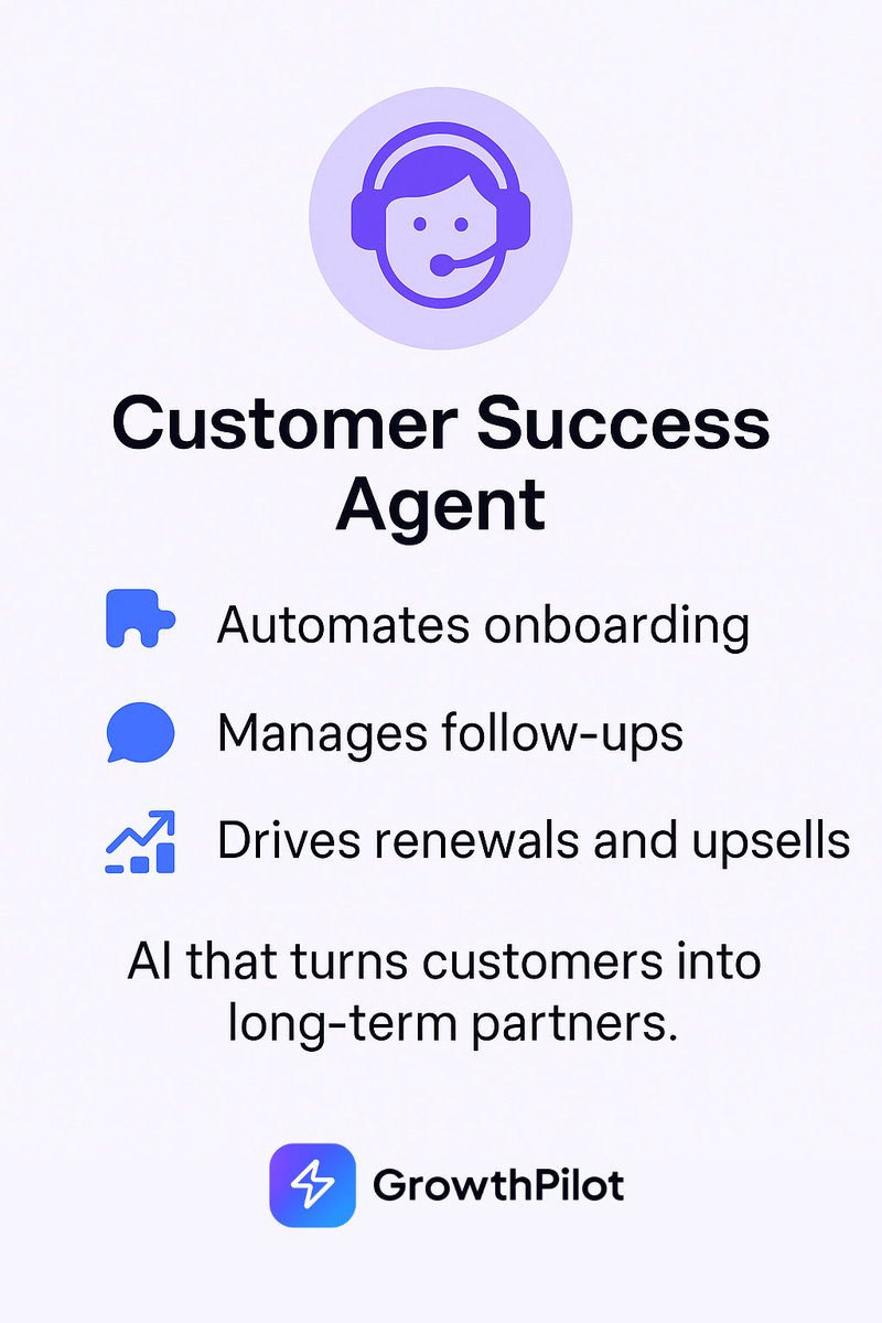 gianlucabusato's tweet image. GrowthPilot’s Customer Success Agent keeps deals alive after the close.

🧩 Automates onboarding
💬 Manages follow-ups
📈 Drives renewals and upsells

AI that turns customers into long-term partners.

#GrowthPilot #AI #SalesAutomation #CustomerSuccess