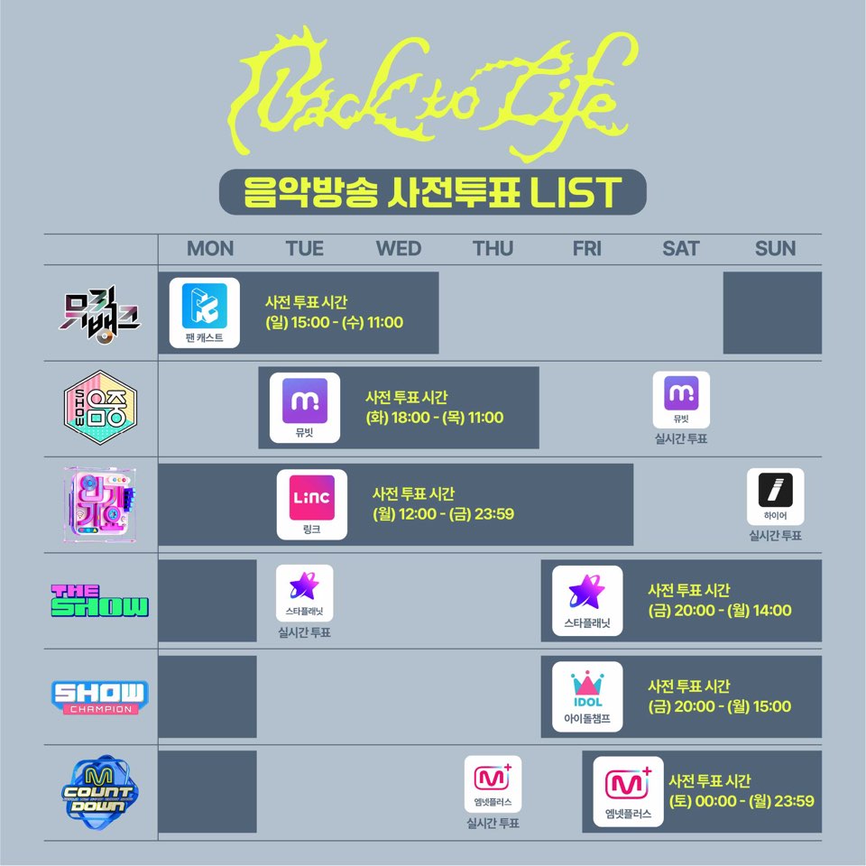 andTEAM_Kstrm's tweet photo. &TEAM 음악방송 총정리

[사전투표]
1.뮤직뱅크 - 팬캐스트
 ▶ 일요일 15:00 - 수요일 11:00
2.쇼! 음악중심 - 뮤빗
 ▶ 화요일 18:00 - 목요일 11:00
3.인기가요 - Linc / 하이어
 ▶ 화요일 12:00 - 금요일 23:59
4.더쇼 - 스타플래닛
 ▶ 금요일 20:00 - 월요일 14:00
5.쇼챔피언 - 아이돌챔프
 ▶ 금요일 20:00 - 월요일 15:00
6.엠카운트다운 - 엠넷플러스
 ▶ 토요일 00:00 - 월요일 23:59

[음원 스트리밍 및 다운로드 독려]
1. 벅스 
 - 음원 1회 다운로드는 스트리밍 200회와 동일한 효과
 - 현재 1~3위로 상위권 유지 중이지만 최종 순위 1위를 할 수 있도록 음원 다운로드와 스트리밍 해주세요.
2.써클차트
 - 인기가요 1위 후보를 위해서는 써클차트 top200 차트인과 유지를 해야합니다. 
3.지니뮤직 & 멜론
 - 차트인이 가장 어려운 만큼 음원 스트리밍이 가장 중요합니다. 

빠른 시일내에 음원 총공시간과 진행 할 수 있도록 노력하겠습니다.

#andTEAM #앤팀
#의주 #EJ #후마 #FUMA #케이 #K #니콜라스 #NICHOLAS #유마 #YUMA #조 #JO #하루아 #HARUA #타키 #TAKI #마키 #MAKI 

협업 : @Lbb_voting