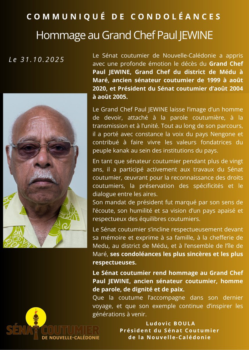 Le Sénat coutumier s’incline devant la mémoire du Grand Chef Paul JEWINE, homme de parole et de dignité.
Condoléances à sa famille, à la chefferie et au district de Médu.
Que la coutume l’accompagne dans son dernier voyage. 🕊️