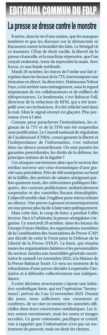 DakarPost221's tweet photo. La presse se dresse contre le monstre

Il arrive, dans la vie d'une nation, que les masques tombent et que les discours sur la démocratie se fracassent contre la brutalité des faits. Le Sénégal vit ce moment. L'État de droit vacille, la liberté de la presse chancelle… https://t.co/i7laipBKV7
