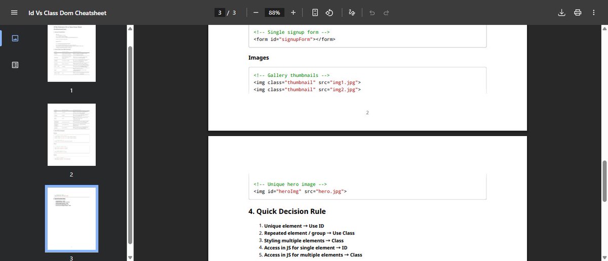 Fromthe234_'s tweet image. ID vs CLASS CHEAT SHEET
Ever get confused about when to use an ID vs a Class in HTML — especially when working with JavaScript and the DOM?
Here’s a quick cheat sheet to make that decision easy (and your code cleaner). 
#HTML #JavaScript #WebDev
