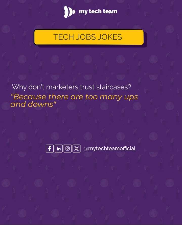 mytechteam's tweet photo. Why don't marketers trust staircases? 📉📈 Too many ups and downs!
If you know the pain of volatile campaign results, you know the feeling. What's the best tech joke you've heard lately? 👇
#MarketingHumor
#TechJokes #DigitalMarketing
#MyTechTeam https://t.co/GIB0byPbQT