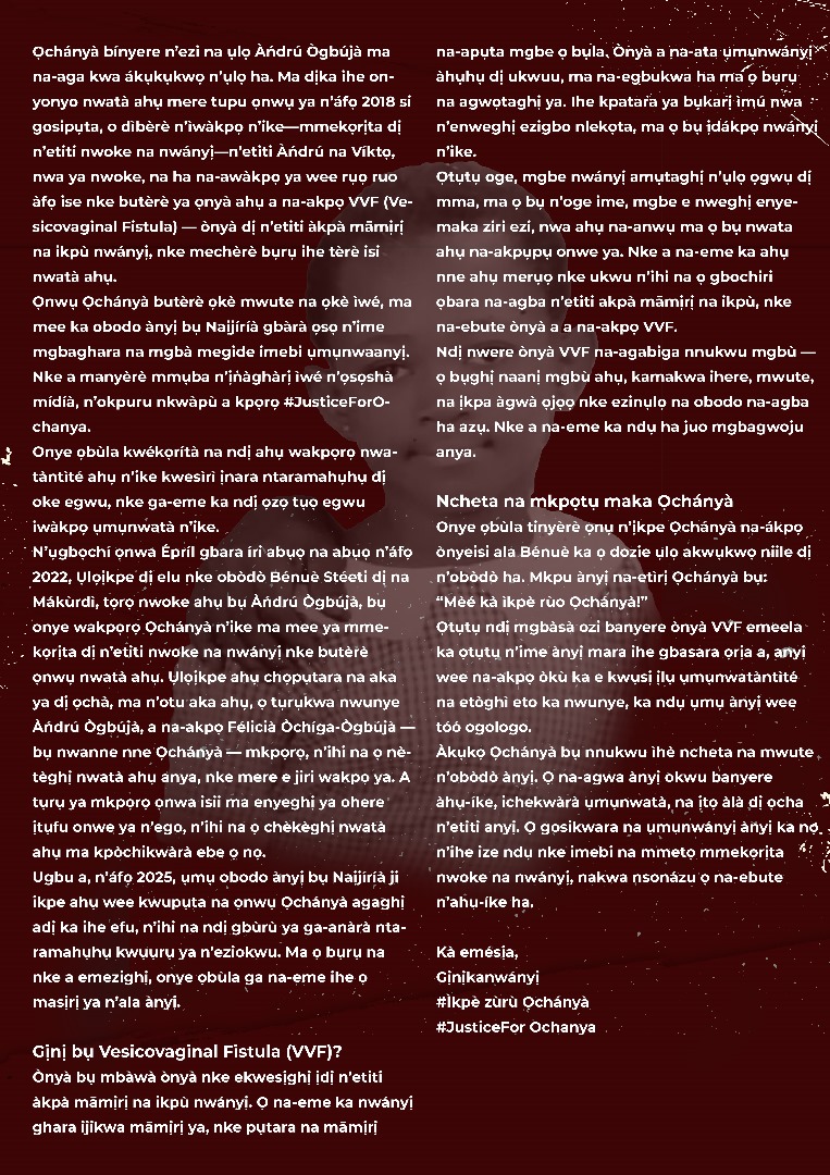 Translating this to Igbo. 
<a href="/Ginikanwanyi/">Ginikanwanyi</a> 
#justiceforochanya 
#justiceforochanya