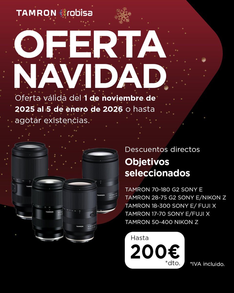 Llegan las ofertas de navidad de TAMRON, descuentos directos en objetivos seleccionados. 
Encuentra la promoción en:  robisa.es/oferta-tamron-…
<a href="/TamronObjektive/">Tamron Europe GmbH</a> 
#wintersale #tamronpromotion