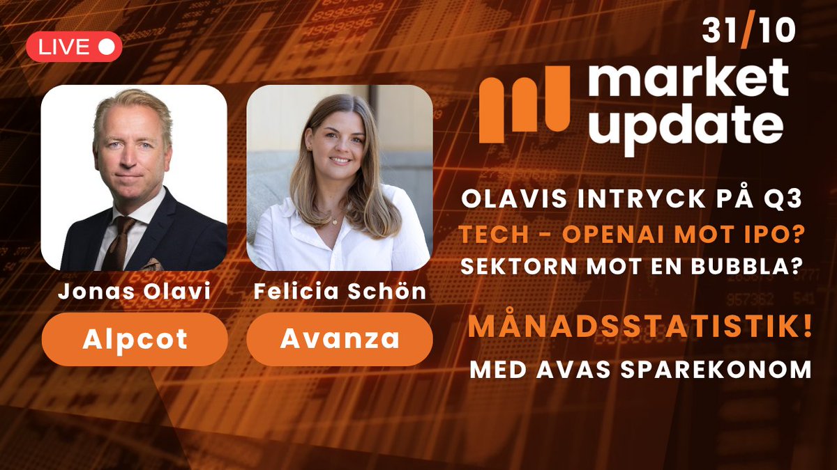 Ni missar väl inte Market Update? 👀

Live 11.00! I dag gästas vi av <a href="/j_olavi/">Jonas Olavi</a> och <a href="/schon_felicia/">Felicia Schön</a>  från <a href="/avanzabank/">Avanza</a>

Frågor kan man ställa i chatten 👇
youtube.com/live/E1s7lpKWl…

#Finanstwitter #PrataPengar #fintwitt