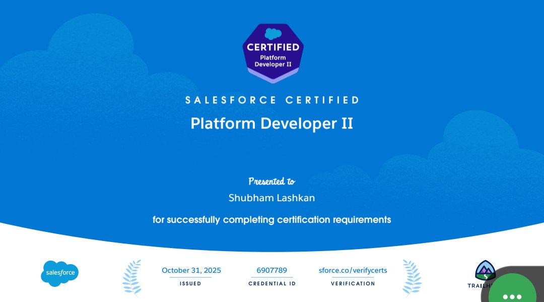 shubhamlashkan's tweet image. 🚀 Cleared the Salesforce Platform Developer II certification! 🎉
Funny thing I only studied for 2 days before the exam 😅
Most of my prep came from hands-on work with:
💡 Apex & Triggers
⚙️ Async Apex (Batch, Queueable, Future)
🌐 REST & SOAP Integrations + Apex Web Services…