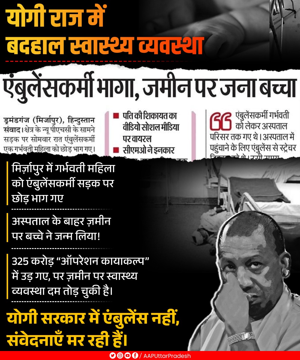योगी राज में बदहाल स्वास्थ्य व्यवस्था ‼️

मिर्ज़ापुर में गर्भवती महिला को एंबुलेंसकर्मी सड़क पर छोड़ भाग गए 

अस्पताल के बाहर ज़मीन पर बच्चे ने जन्म लिया!

325 करोड़ “ऑपरेशन कायाकल्प” में उड़ गए,
पर ज़मीन पर स्वास्थ्य व्यवस्था दम तोड़ चुकी है।

योगी सरकार में एंबुलेंस नहीं,