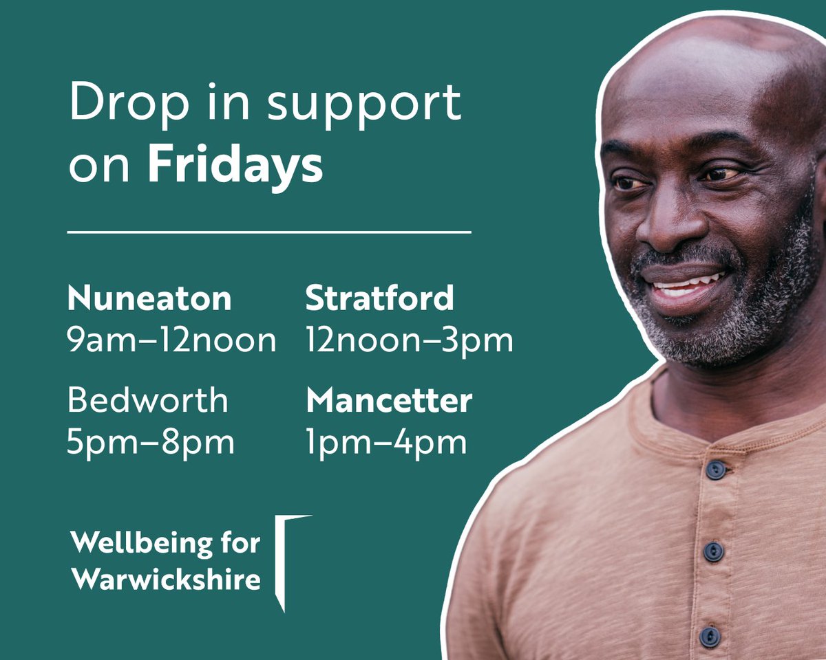 Mental health support at our drop-in hubs on Fridays: 

5pm–8pm: Bedworth; 1pm–4pm: Mancetter; 9am–12noon: Nuneaton; 12noon–3pm Stratford

No appointment necessary. Click the link for full address details: bit.ly/3qkzi7K