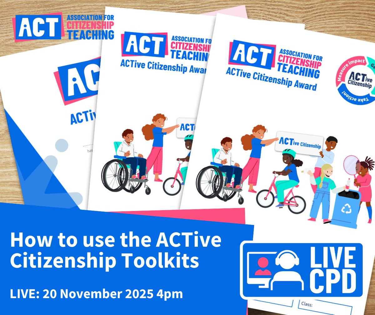 Join us on 20 Nov, 4pm for “How to use the ACTive Citizenship Toolkits.”  Gain practical ideas to embed active citizenship, support pupil voice &amp; guide learners to lead real change from KS2 to GCSE: ow.ly/V91S50XhoQT  #ActiveCitizenship #TeachingCitizenship