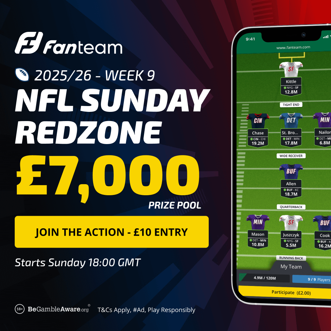 FanTeamOfficial's tweet image. It’s NFL Sunday Redzone time! 🔥

Build your FanTeam lineup for Week 9 before kickoff – £7,000 prize pool up for grabs 💰
🏈 £10 entry
⏰ Starts 18:00 GMT

👉 fanteam.com/lobby/fantasy/…

#FanTeam #NFL #Redzone #DFS
