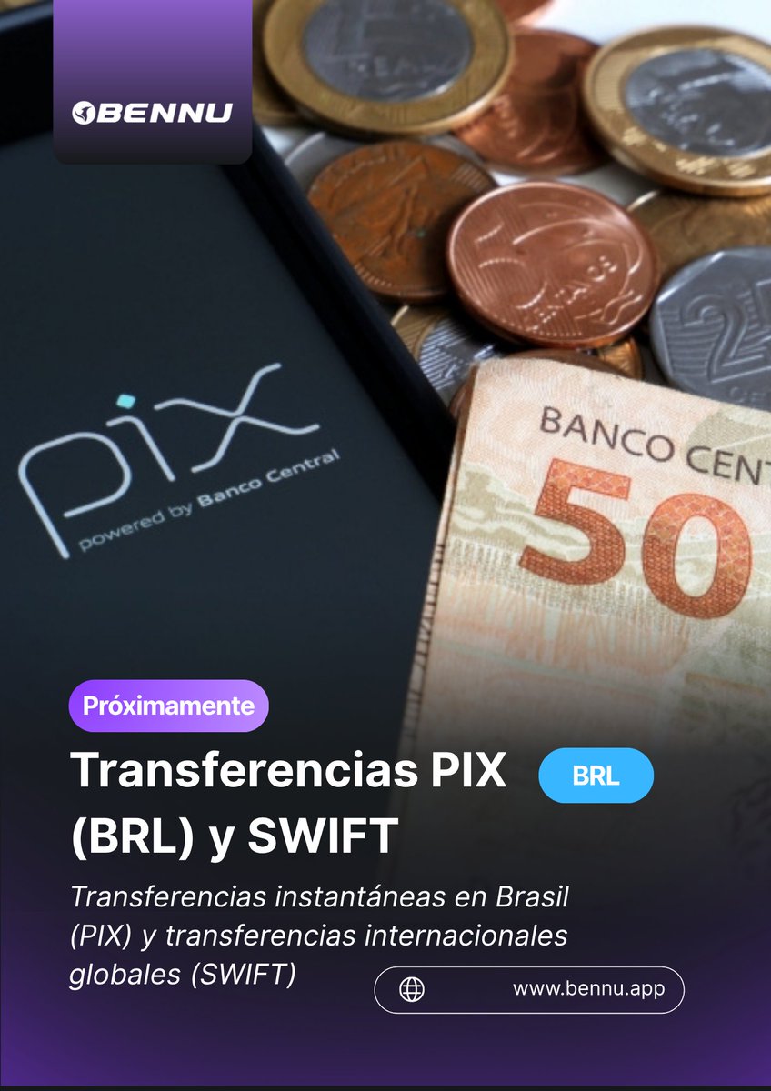 BennuApp's tweet image. 🌍 Próximamente en Bennu:
💸 Transferencias PIX (BRL) e internacionales SWIFT.

Rápido, seguro y global.
Transparencia, eficiencia y confianza — solo con Bennu.
·
·
#Bennu #PIX #SWIFT #crypto #fintech #banking