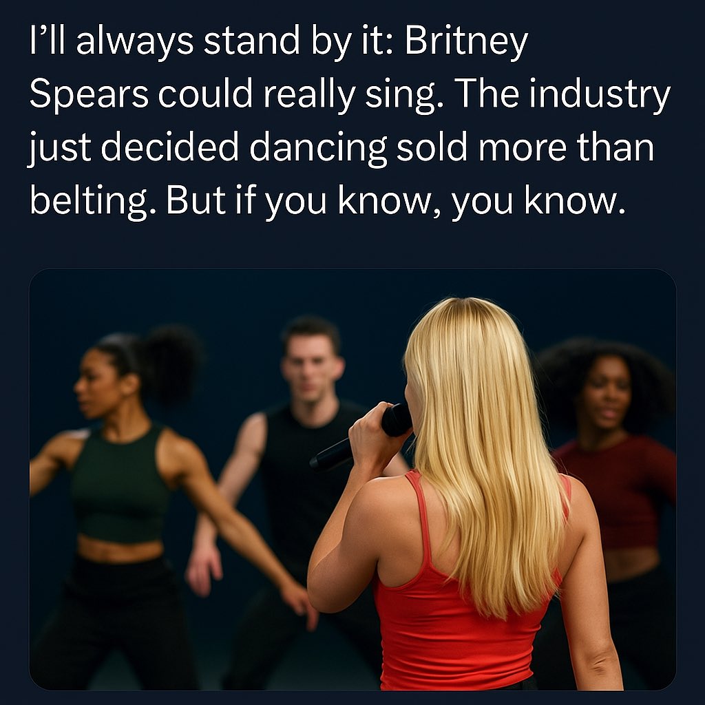 aocm01's tweet image. I’ll always stand by it:
Britney Spears could really sing.
The industry just decided dancing sold more than belting.
But if you know, you know. 🎶 #MillennialPop
