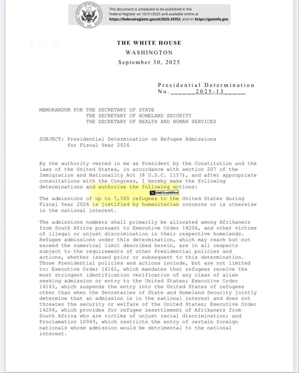 finger_aga63127's tweet photo. S.H.A.E.F.🇺🇸 🇷🇺Regierungsinstitution Deutschland 🏳️
🚨 WOW! Die Trump-Administration hat gerade eine neue Regel festgelegt, die nur noch bis zu 7.500 Flüchtlingsaufnahmen pro Jahr erlaubt, was die niedrigste jemals verzeichnete Obergrenze is...
#MJTruth
https://t.co/wu4tvGQWid https://t.co/32PsMksWkK
