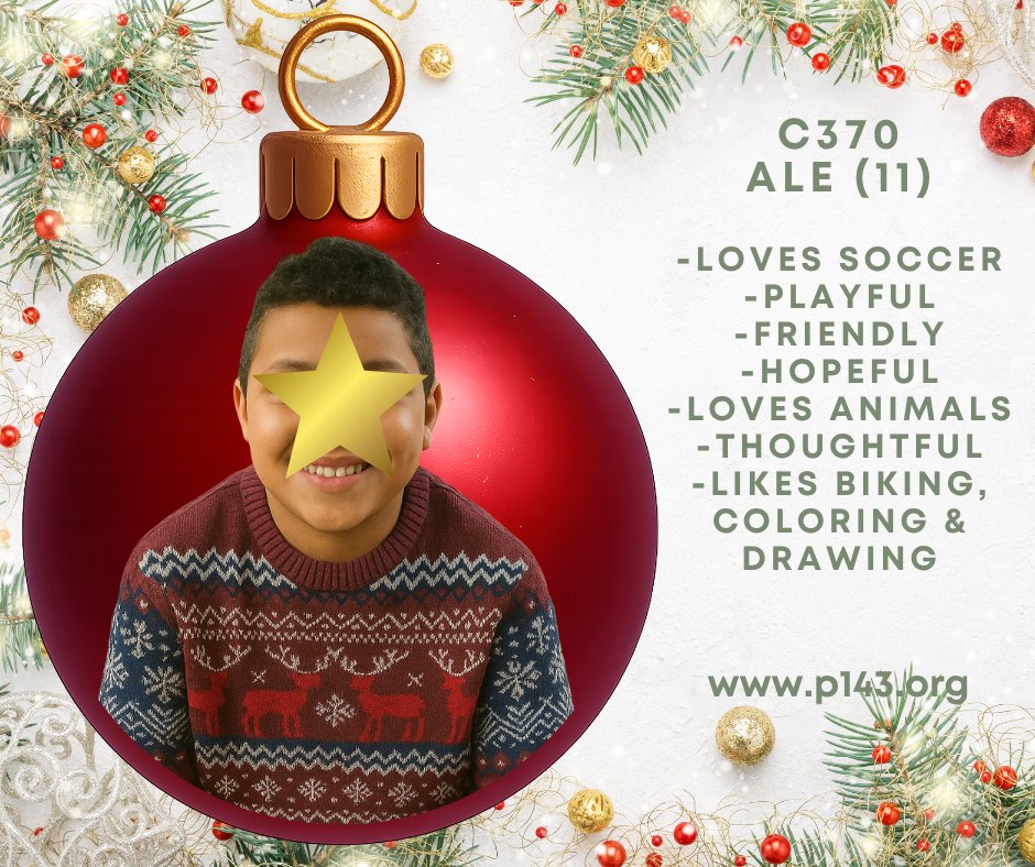P143Org's tweet image. The time is NOW to give HOPE this winter!

C370 ALE (11) is a bright and curious 11-year-old with a calm, affectionate nature. He loves learning!

To learn more about ALE, please register here to view the Photolisting: p143.org/pre-registrati…