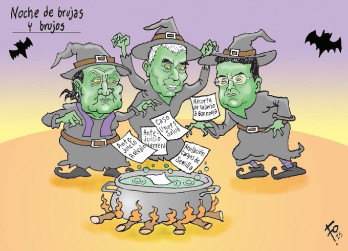 Three cartoon witches with green faces and exaggerated features wear black hats and cloaks, standing around a large metal cauldron bubbling over flames on a sandy ground under a purple sky. They hold papers labeled Caso Arriaza, Caso Julia, and Vanesa with dollar signs. Bats fly in the background. The title Noche de brujas y brujos appears at the top. Signed Fo at the bottom right.