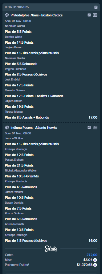 Matackk's tweet photo. 💥 PARI FUN DU JOUR 💥

On tente le ticket miracle ce soir 😏

👉 Cote : 272.00
👉 Mise : $5.04
💰 Gain potentiel : $1,370.65

📊 2 matchs NBA 🔥

76ers vs Celtics
Pacers vs Hawks https://t.co/mRborvfcUk