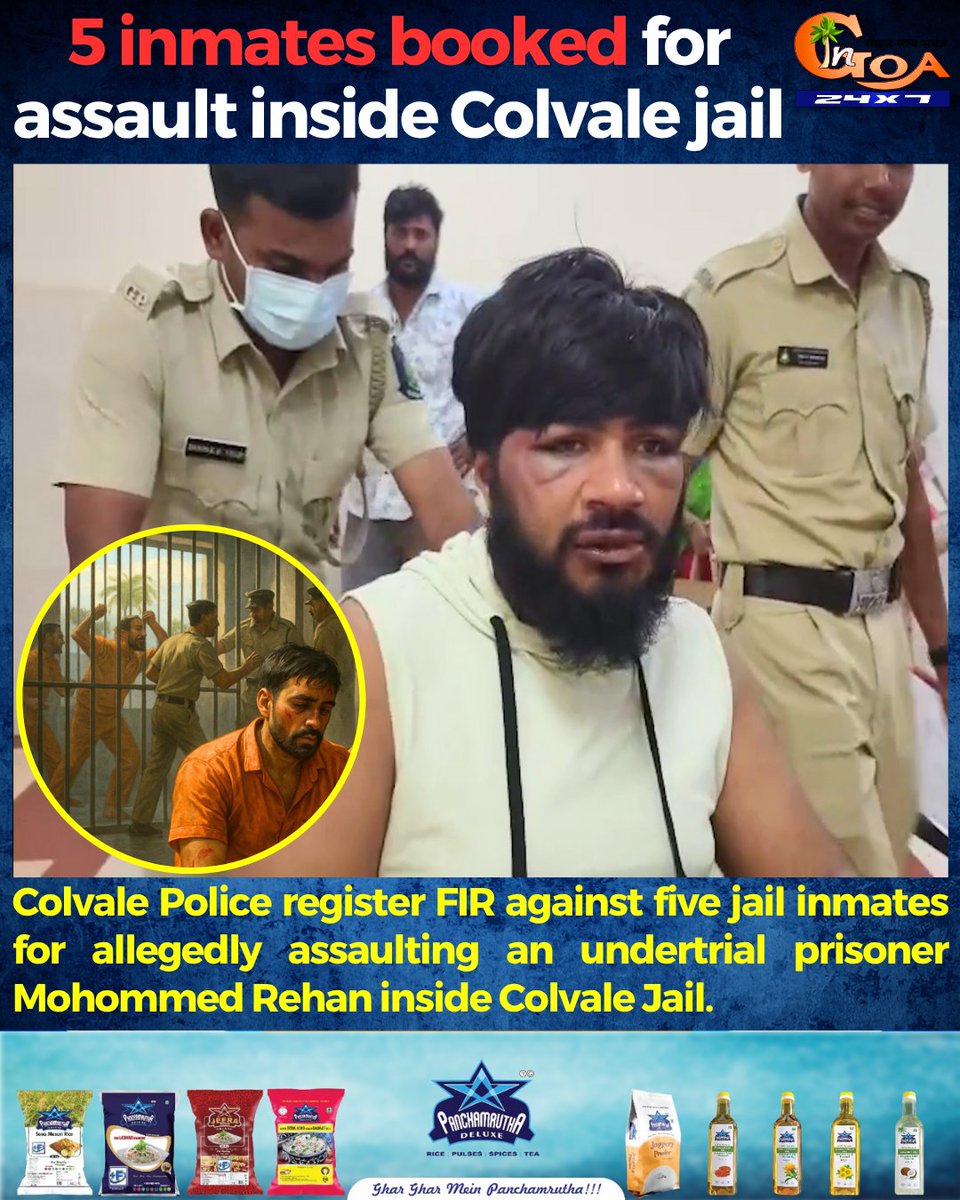 InGoa24x7's tweet photo. Colvale Police register FIR against five jail inmates for allegedly assaulting an undertrial prisoner Mohommed Rehan inside Colvale Jail.

#Goa #GoaNews #Inmates #Booked #ColvaleJail #Assault https://t.co/aJxB5nBjuN